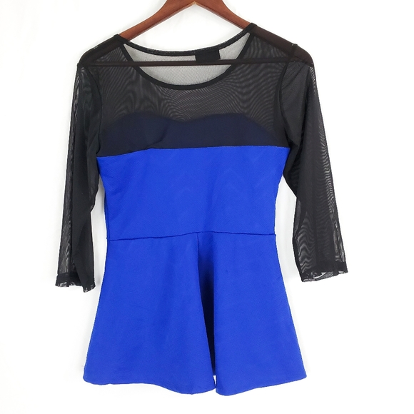 Say Anything Blue and Sheer Black Preplum Top - Picture 2 of 7